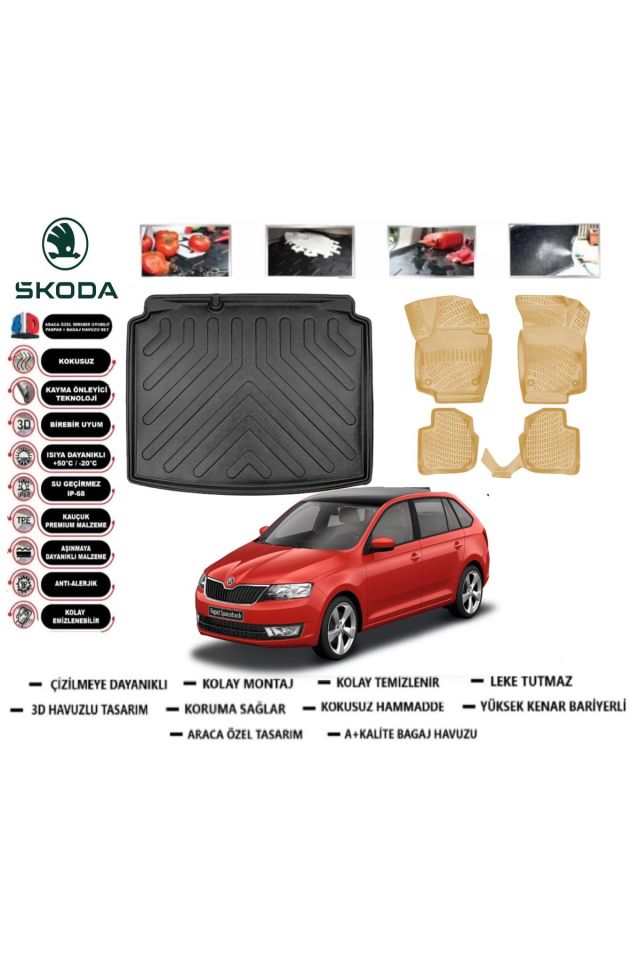 Skoda Rapıd HB 2014 Model Bagaj Havuzu(paspası)+Araca Özel Bej Paspas Takımı Flex