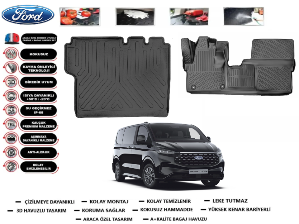 Ford Tourneo Custom 2023 Sonrası 3D Bagaj Havuzu+3D Araca Özel Paspas Takımı