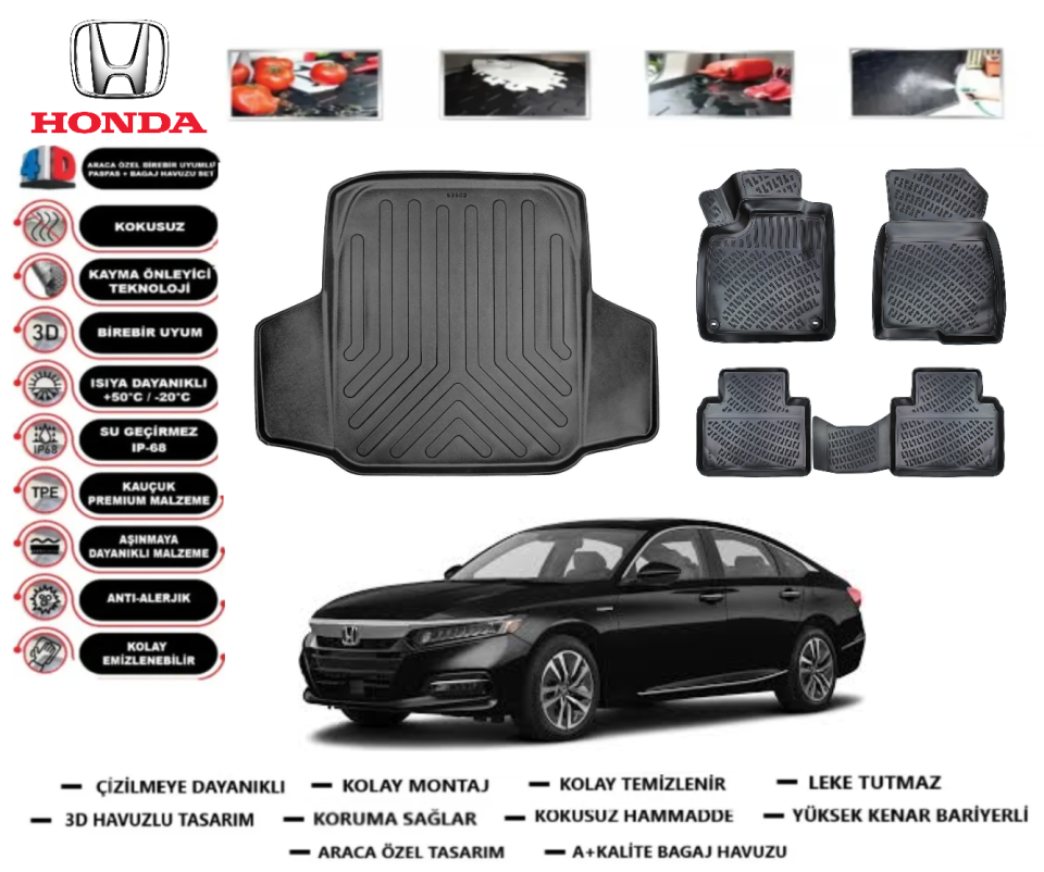 Honda Accord 2018 Sonrası 3D Bagaj Havuzu+3D Araca Özel Paspas Takımı