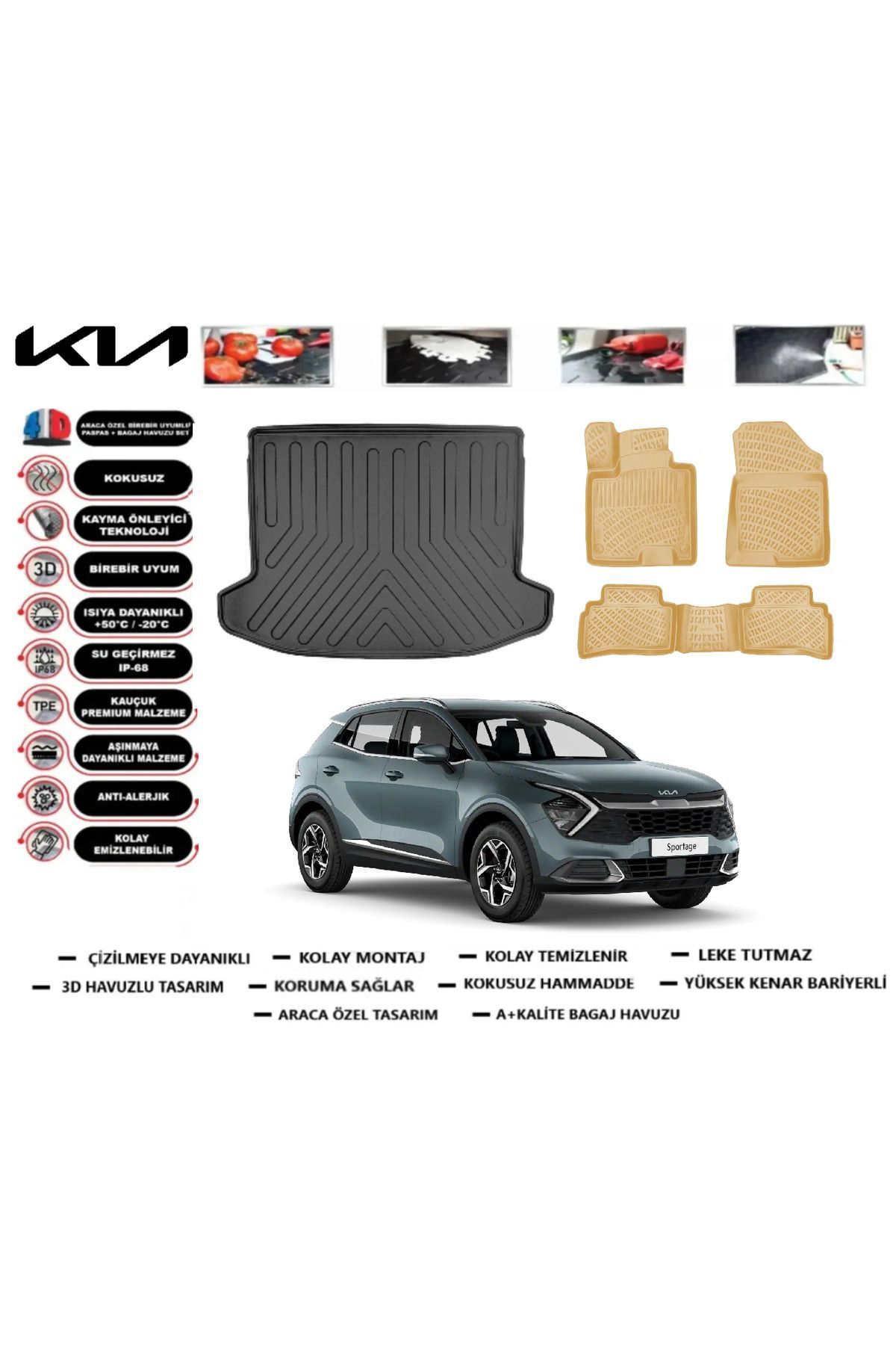 Kia Sportage Prestige Smart 2025 Model Bagaj Havuzu(paspası)+Araca Özel Bej Paspas Takımı Flex