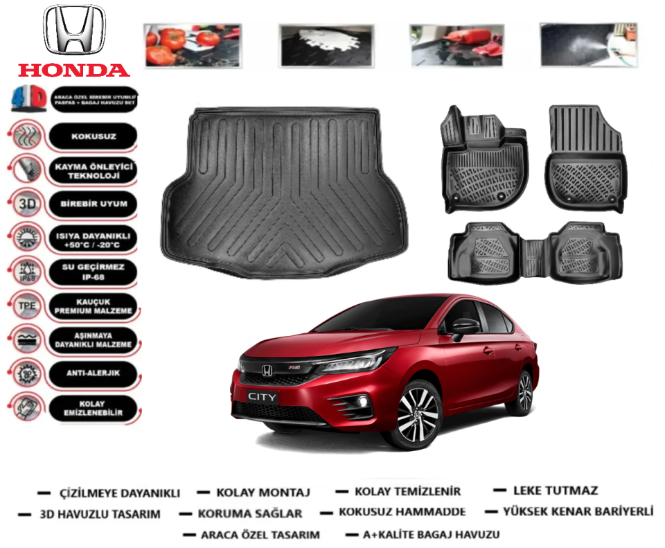 Honda City 2021 Sonrası 3D Bagaj Havuzu+3D Araca Özel Paspas Takımı