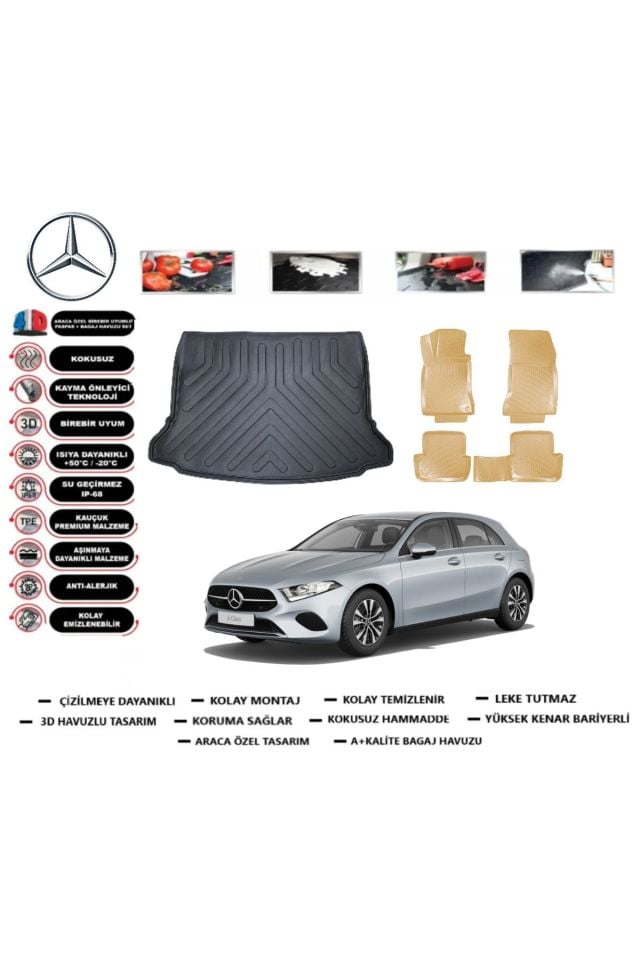 Mercedes A Serisi W177 HB Kulaksız 2022 Model Bagaj Havuzu+Araca Özel Bej Paspas Takımı Flex