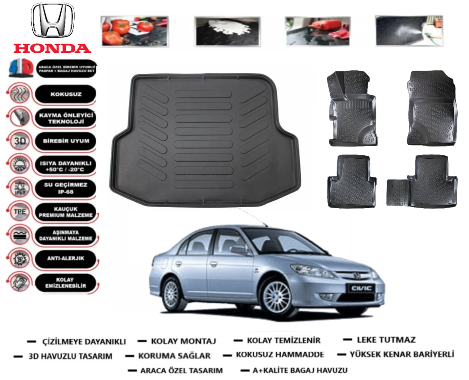 Honda Civic 2001-2005 3D Bagaj Havuzu+3D Araca Özel Paspas Takımı