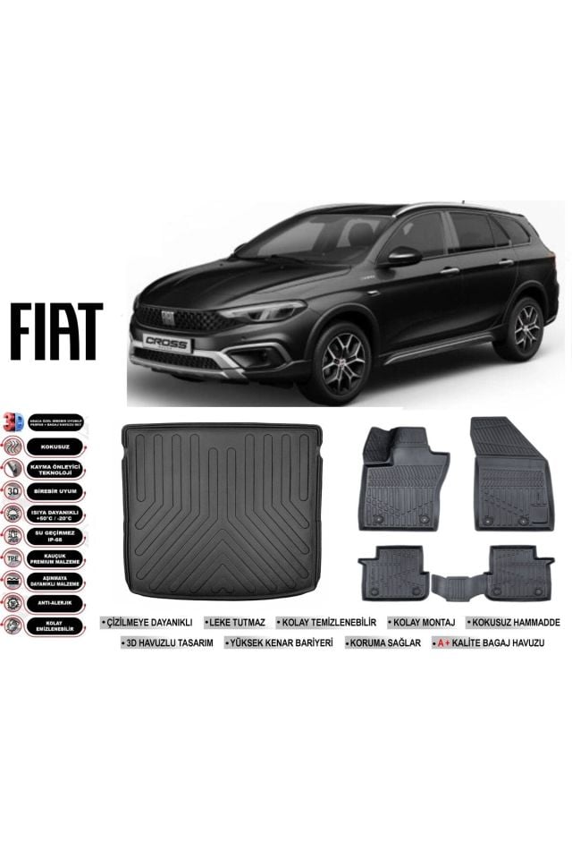 Fiat Egea Cross Vagon 2025 Üst Bagaj Havuzu Araca Özel Siyah Havuzlu Paspas Takımı Sett