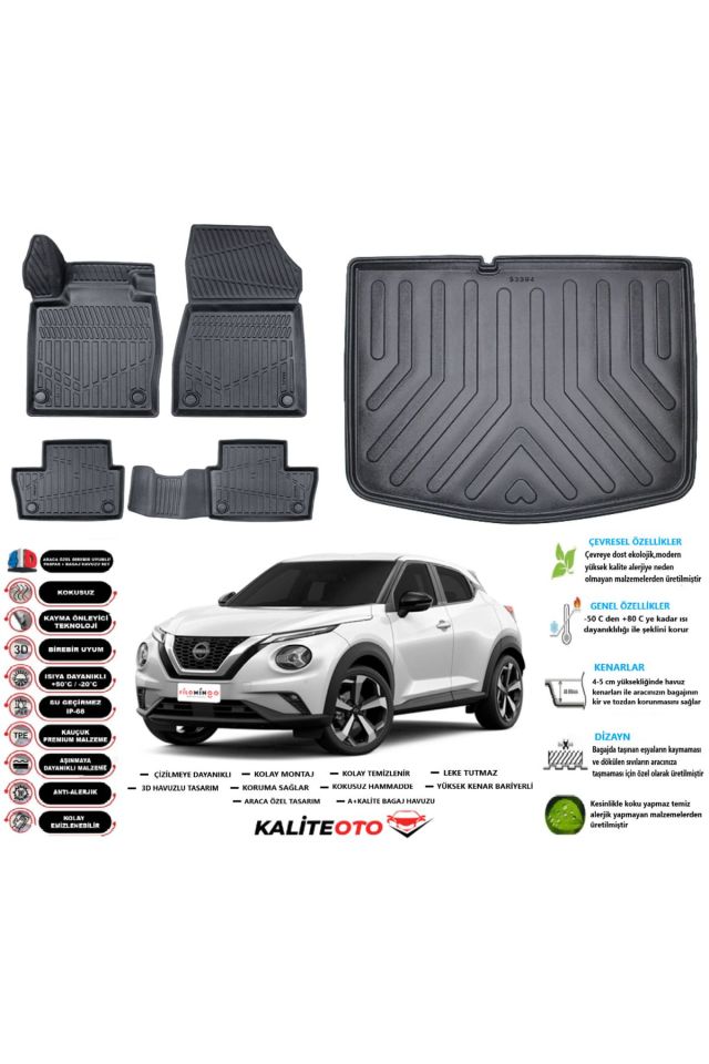 Nisan Juke 2024 Model Alt Esnek Bagaj Havuzu Araca Özel Siyah Paspas Takımı