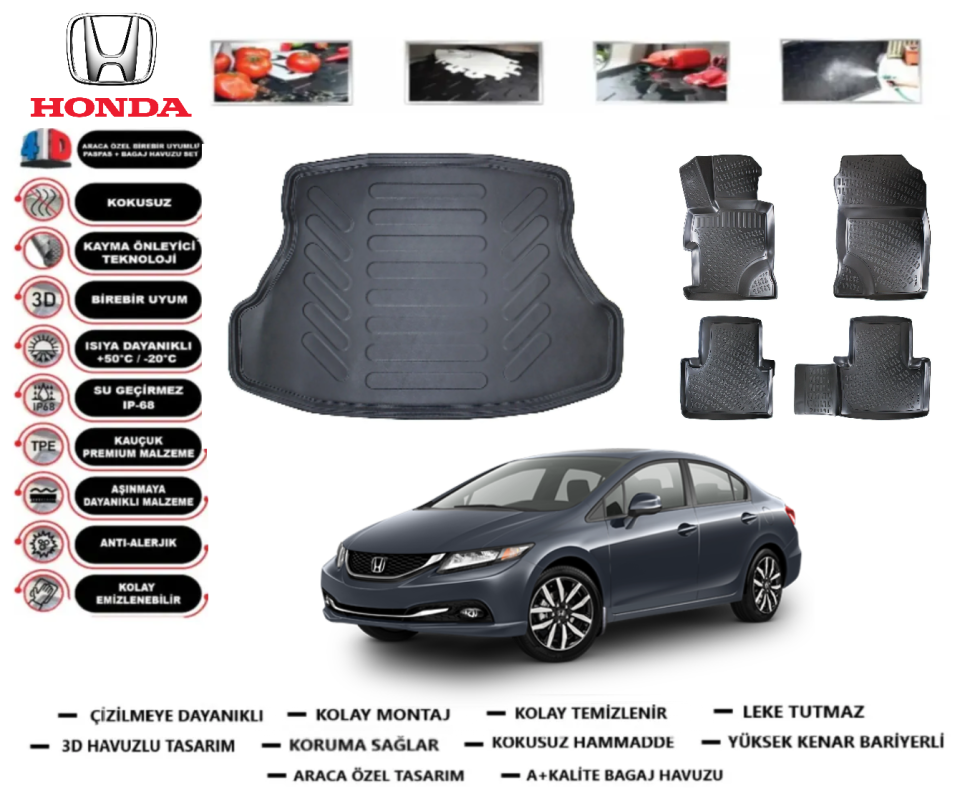 Honda Civic 2012-2016 3D Bagaj Havuzu+3D Araca Özel Paspas Takımı