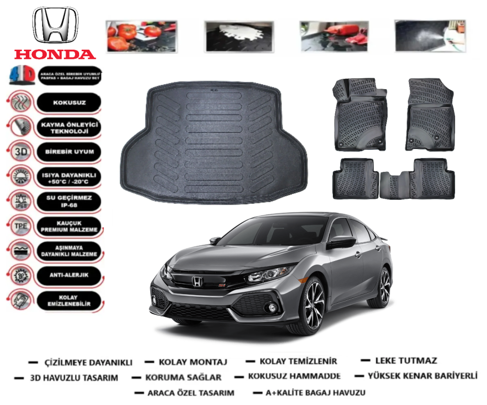 Honda Civic 2016-2021 3D Bagaj Havuzu+3D Araca Özel Paspas Takımı
