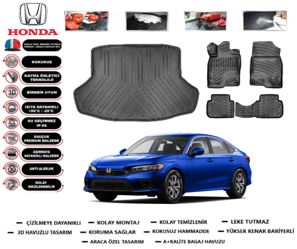 Honda Civic 2021 Sonrası 3D Bagaj Havuzu+3D Araca Özel Paspas Takımı