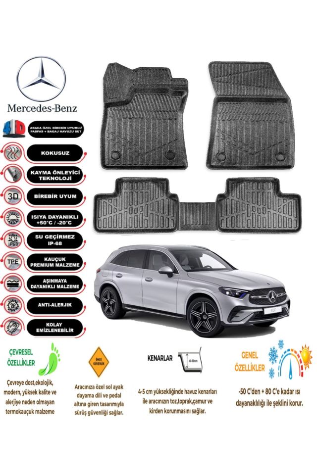 Mercedes GLC 2019 Model 4D Araca Özel Havuzlu Paspas Takımı