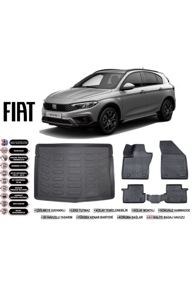 Fiat Egea Cross 2018 Model Uyumlu  Stepneli Bagaj Havuzu Araca Özel Siyah Havuzlu Paspas Takımı Sett