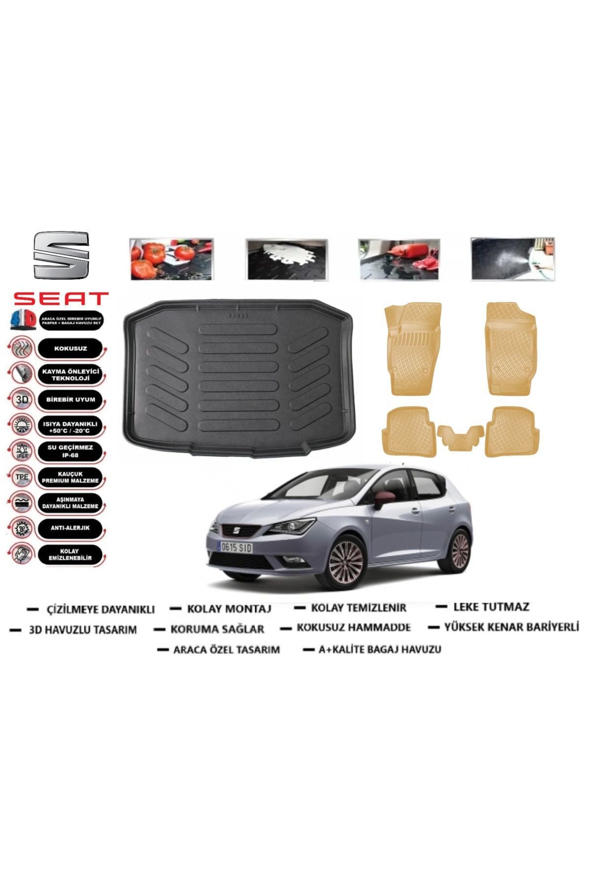 Seat İbiza HB 2012 Model Bagaj Havuzu(paspası)+Araca Özel Bej Paspas Takımı Flex