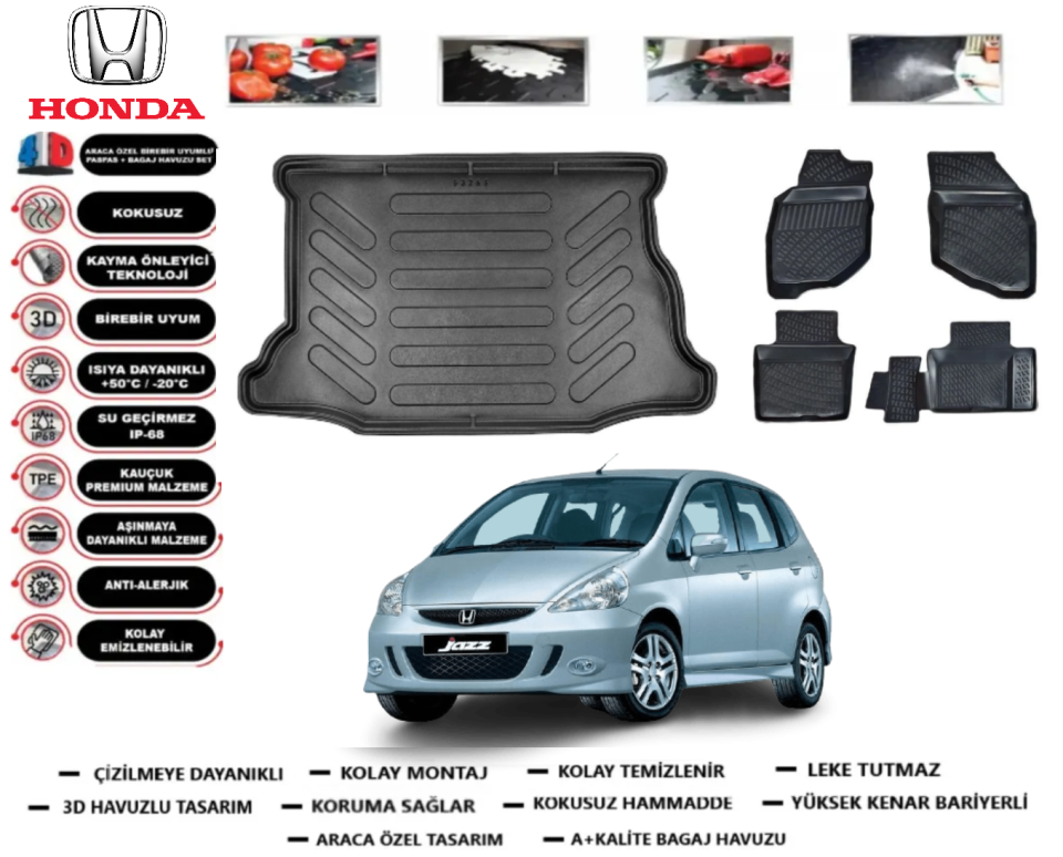 Honda Jazz 2002-2008 3D Bagaj Havuzu+3D Araca Özel Paspas Takımı