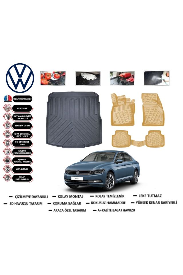 Volkswagen Passat B8 Sedan 2015 Model Bagaj Havuzu+Araca Özel Bej Paspas Takımı Flex