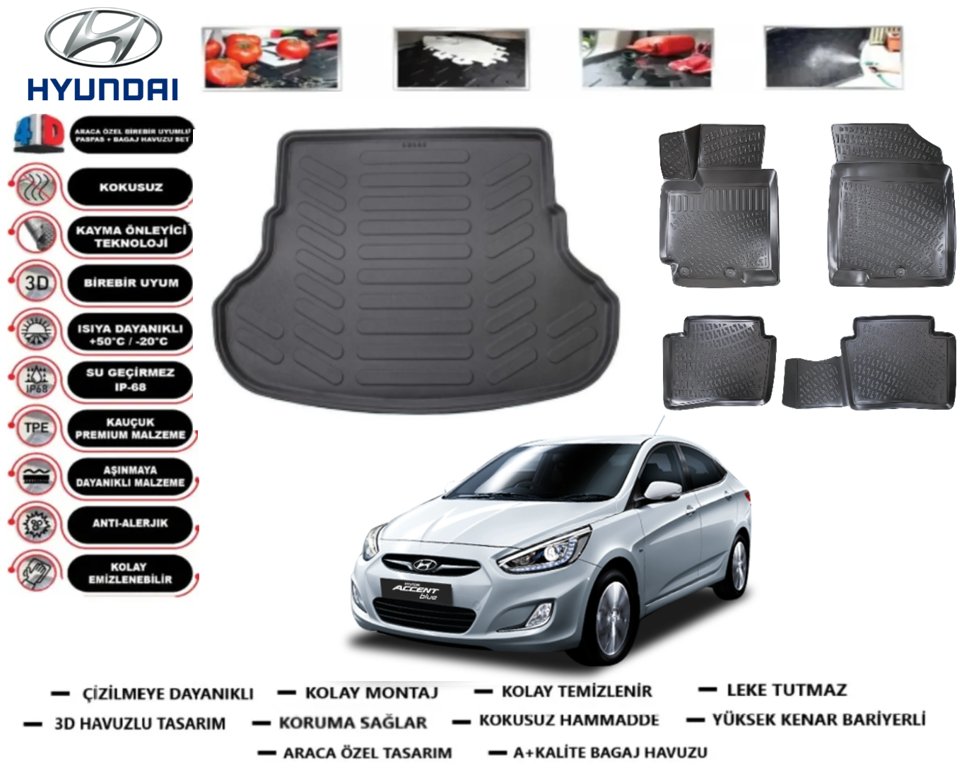Hyundai Accent Blue 2011-2018 3D Bagaj Havuzu+3D Araca Özel Paspas Takımı
