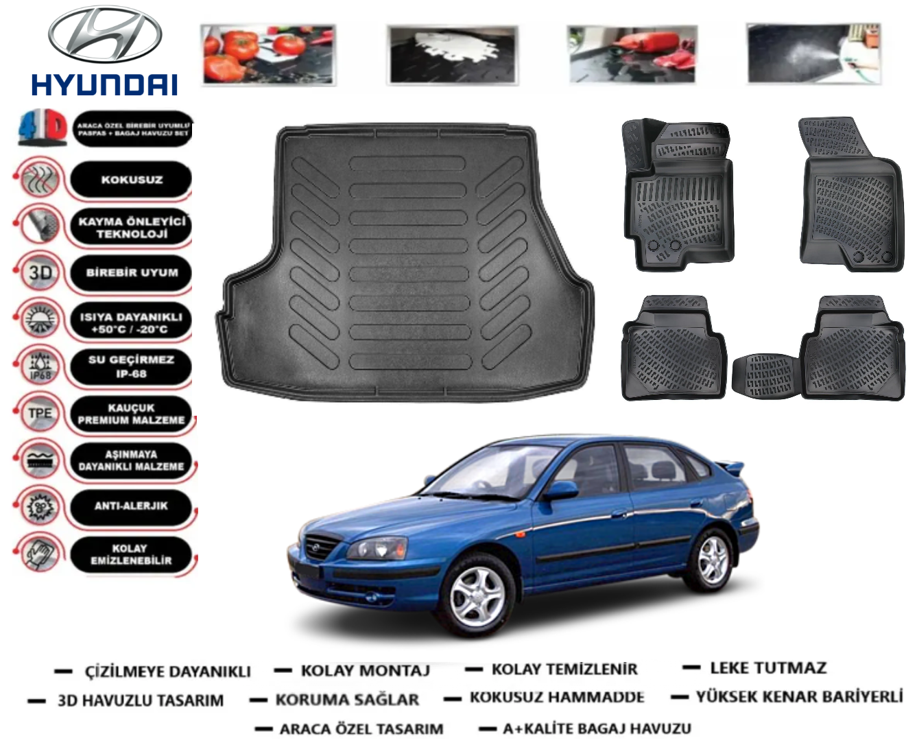 Hyundai Elantra 2001-2006 3D Bagaj Havuzu+3D Araca Özel Paspas Takımı