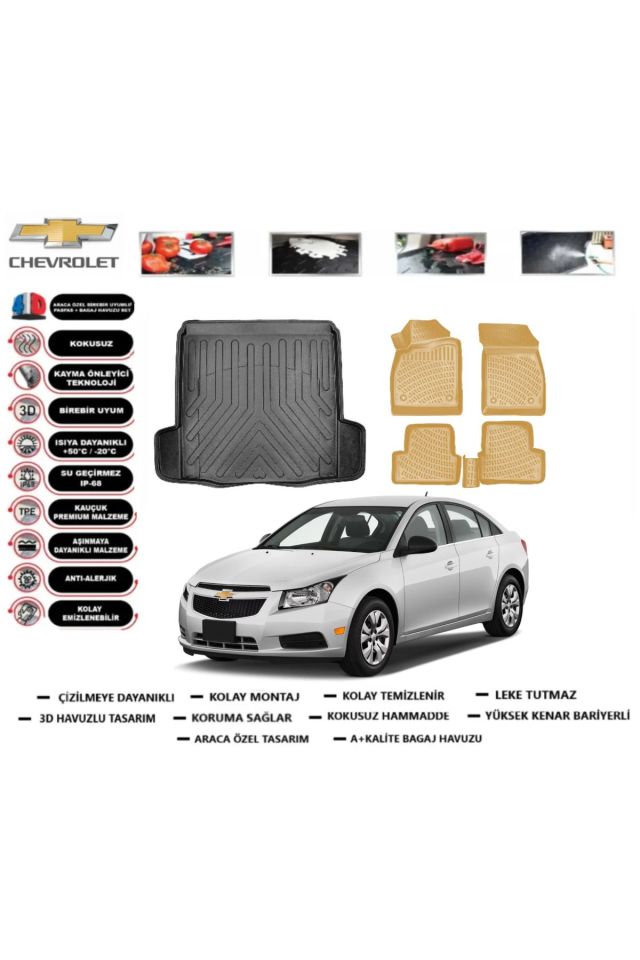 Chevrolet Cruze Sedan Çift Kulak 2011 Model Bagaj Havuzu(paspası)+Araca Özel Bej Paspas Takımı Flex