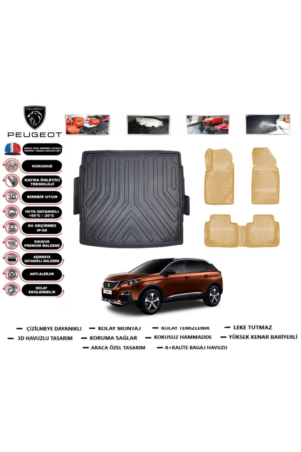 Peugeot 3008 2016 Model Üst Bagaj Havuzu(paspası)+Araca Özel Bej Paspas Takımı Flex
