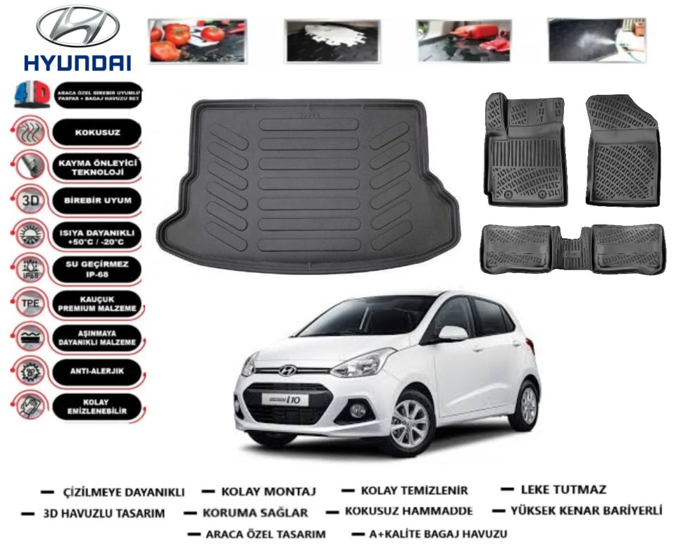 Hyundai İ10 2013-2019 3D Bagaj Havuzu+3D Araca Özel Paspas Takımı