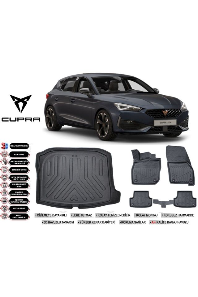 Cupra Leon 2023 Model Alt Bagaj Havuzu Araca Özel Siyah Havuzlu Paspas Takımı Sett