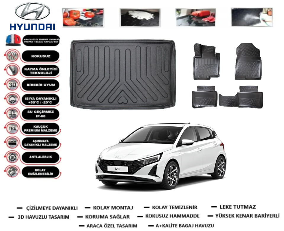 Hyundai İ20 2020 Sonrası Elite Plus 3D Alt Bagaj Havuzu+3D Araca Özel Paspas Takımı