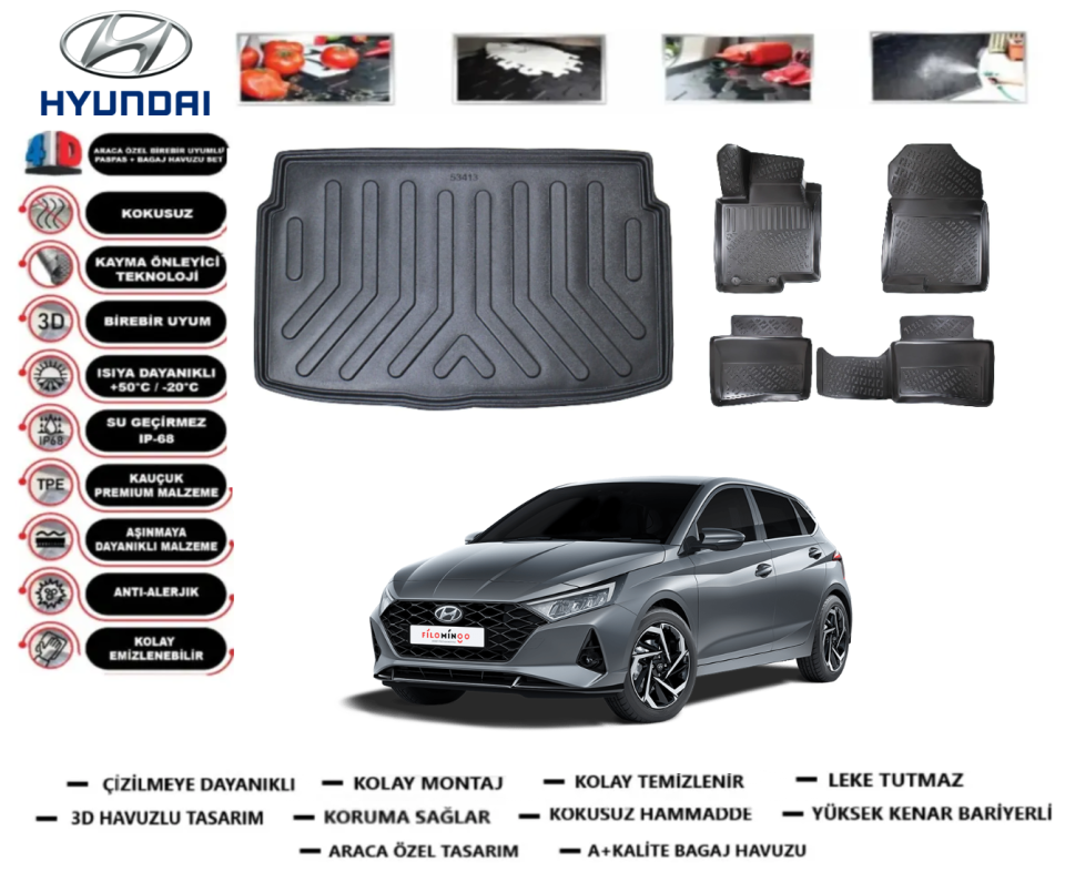 Hyundai İ20 2020 Sonrası Jump,Style,Elite 3D Bagaj Havuzu+3D Araca Özel Paspas Takımı