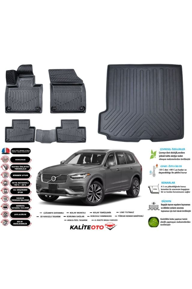 Volvo  XC90 2021 Model Esnek Bagaj Havuzu Araca Özel Siyah Paspas Takımı