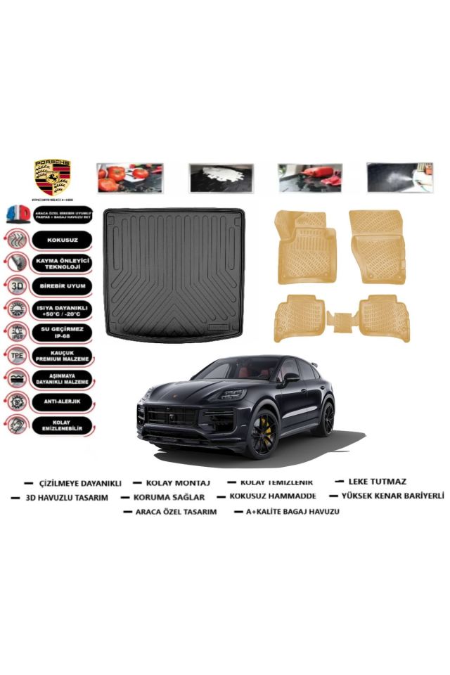 Porsche Cayenne 2024 Model Bagaj Havuzu(paspası)+Araca Özel Bej Paspas Takımı Flex