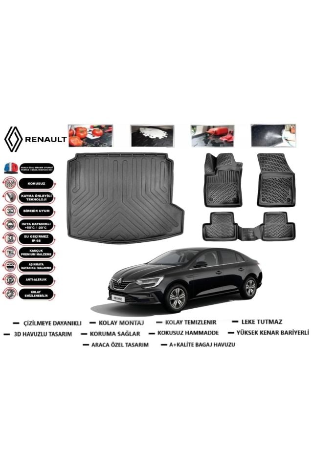 Renault Megane 4 Sedan 2019 Model Sağ Kulaklı Bagaj Havuzu Araca Özel Paspas Takımı Prrox