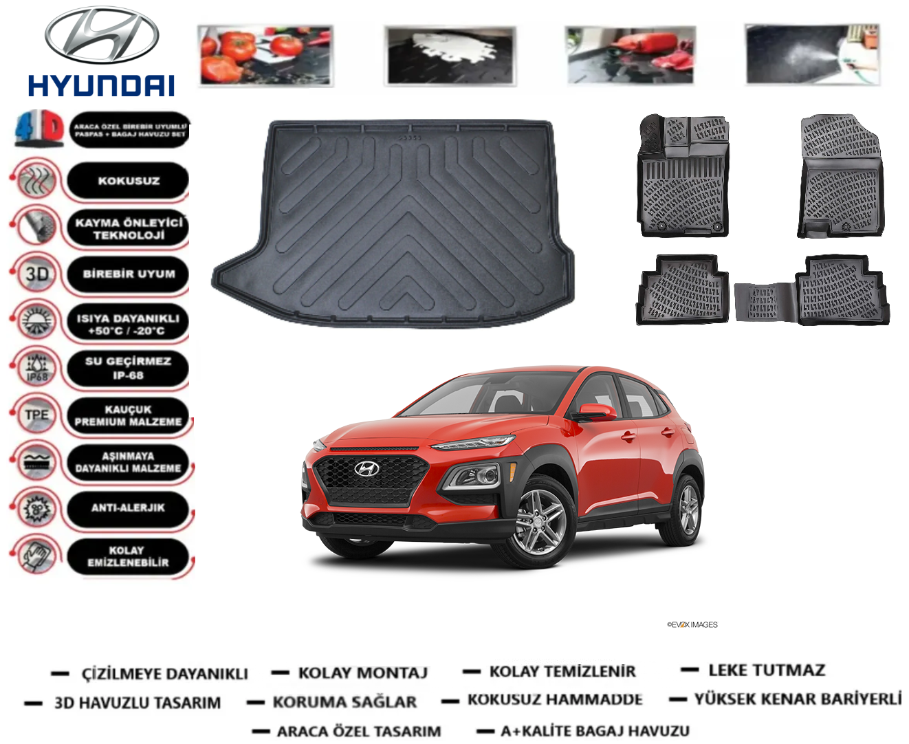 Hyundai Kona 2017-2022 3D Tek Cepli Bagaj Havuzu+3D Araca Özel Paspas Takımı