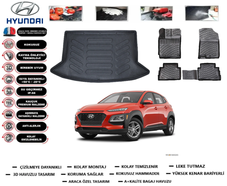 Hyundai Kona 2017-2022 3D Çift Cepli Bagaj Havuzu+3D Araca Özel Paspas Takımı