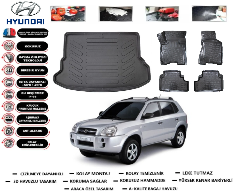 Hyundai Tucson 2004-2014 3D Bagaj Havuzu+3D Araca Özel Paspas Takımı