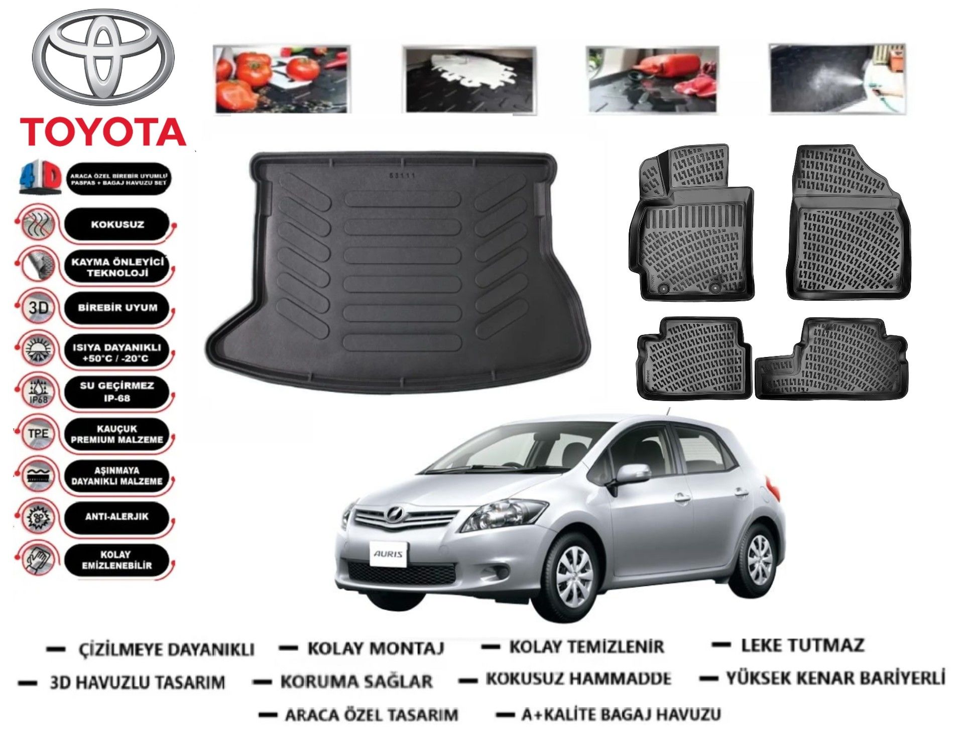 Toyota Auris 2007-2012 3D Bagaj Havuzu+3D Araca Özel Paspas Takımı