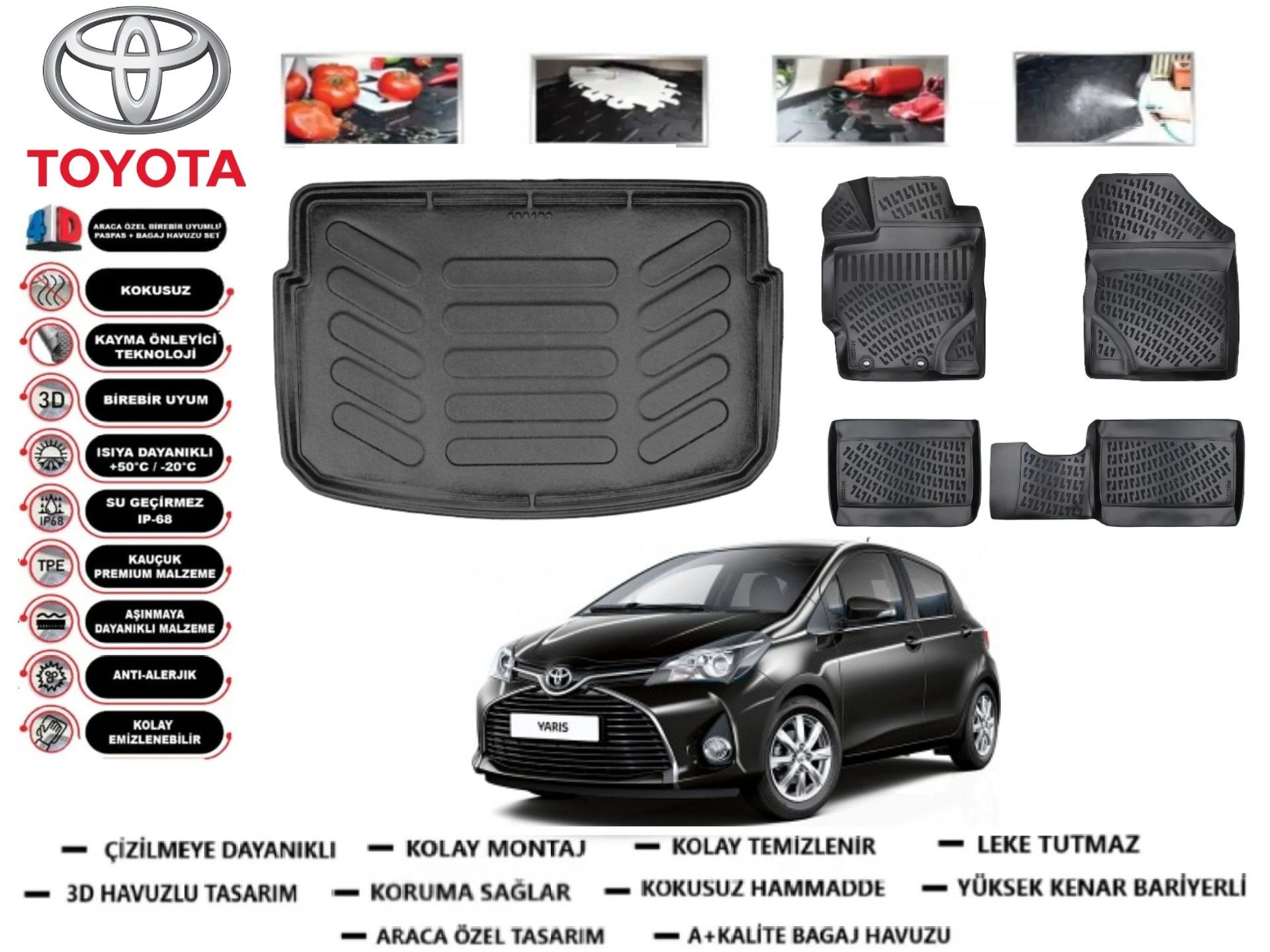Toyota Yaris 2013-2020 Model 3D Bagaj Havuzu+3D Araca Özel Paspas Takımı