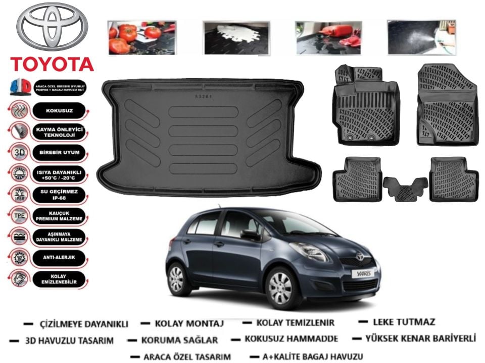 Toyota Yaris 2005-2012 Model 3D Bagaj Havuzu+3D Araca Özel Paspas Takımı