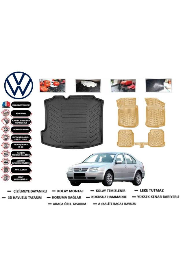Volkswagen Bora 2006 Model Bagaj Havuzu+Araca Özel Bej Paspas Takımı Flex