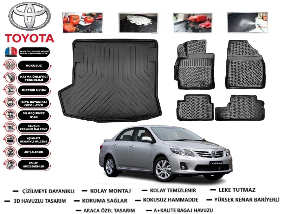 Toyota Corolla Sedan 2007-2012 3D Bagaj Havuzu+3D Araca Özel Paspas Takımı