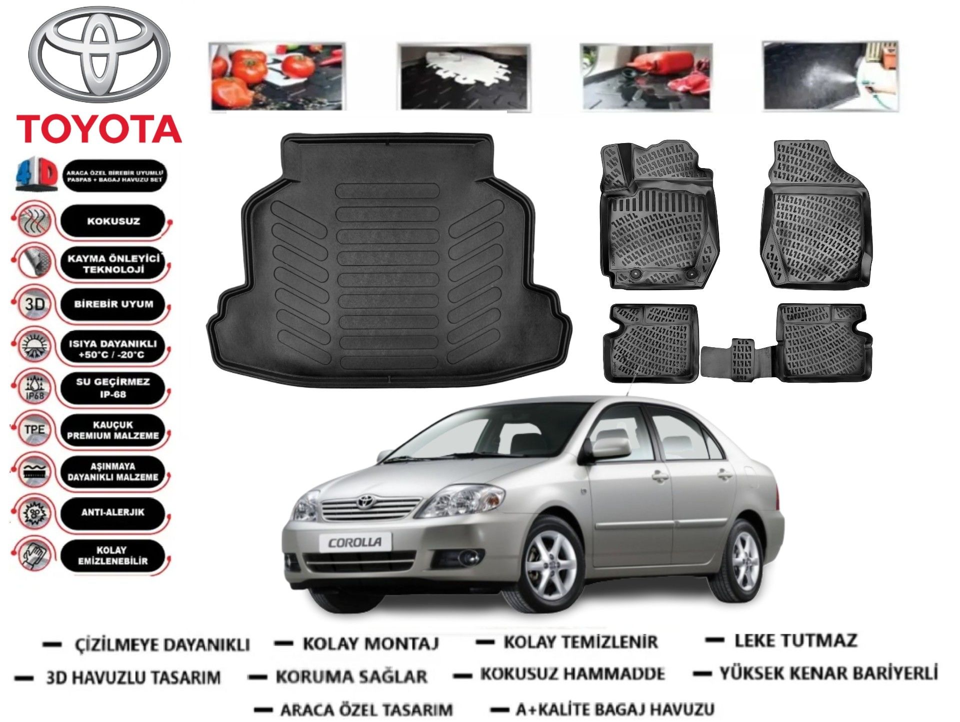 Toyota Corolla Sedan 2001-2006 3D Bagaj Havuzu+3D Araca Özel Paspas Takımı