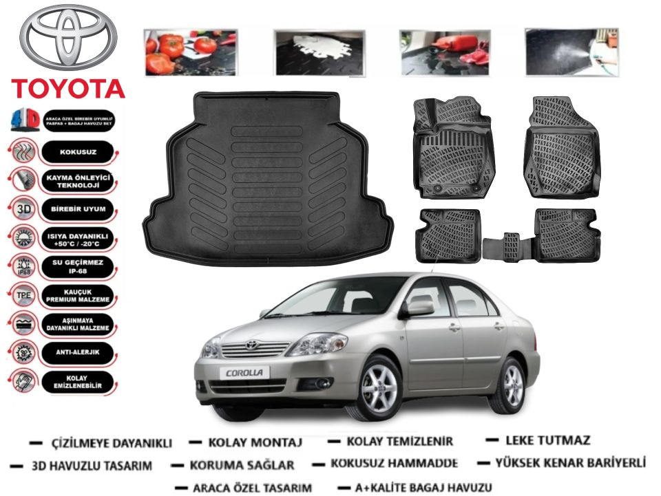 Toyota Corolla Sedan 2001-2006 3D Bagaj Havuzu+3D Araca Özel Paspas Takımı