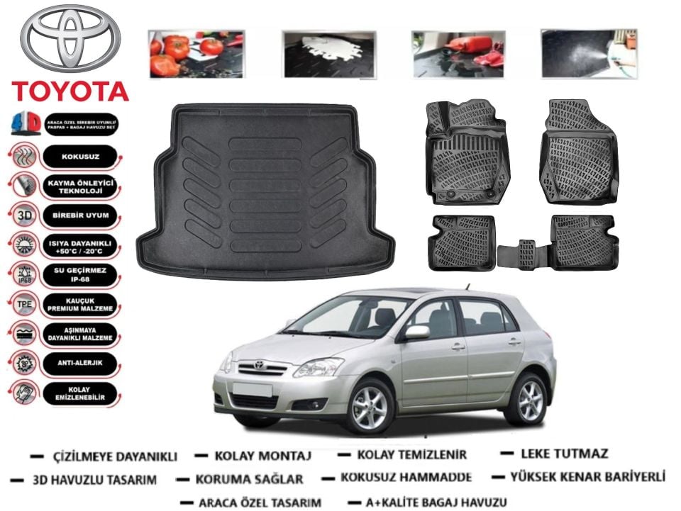 Toyota Corolla Hatchback 2001-2006 3D Bagaj Havuzu+3D Araca Özel Paspas Takımı