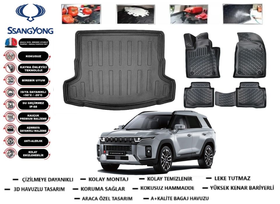 Ssangyong Torres 2024 Model 3D Bagaj Havuzu+3D Araca Özel Paspas Takımı