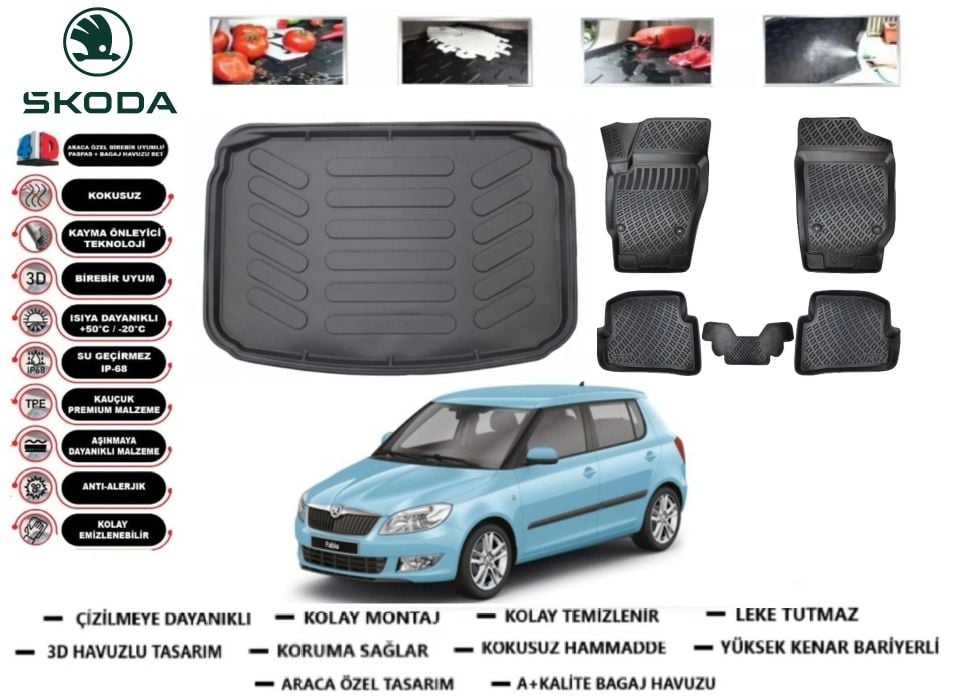 Skoda Fabia 2007-2014 3D Bagaj Havuzu+3D Araca Özel Paspas Takımı