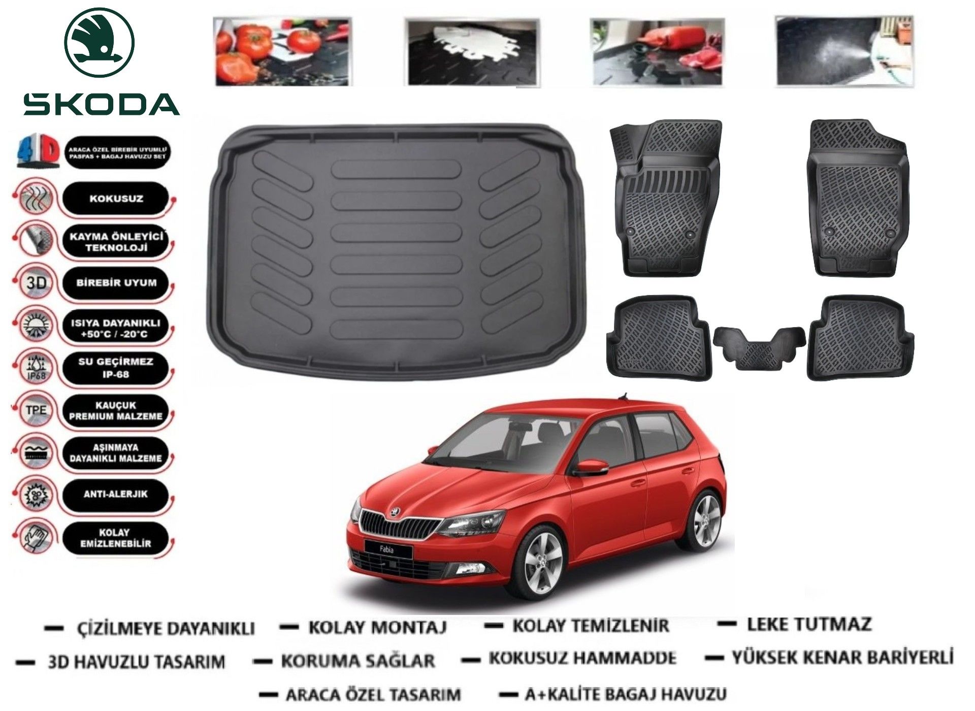Skoda Fabia 2015-2021 3D Bagaj Havuzu+3D Araca Özel Paspas Takımı