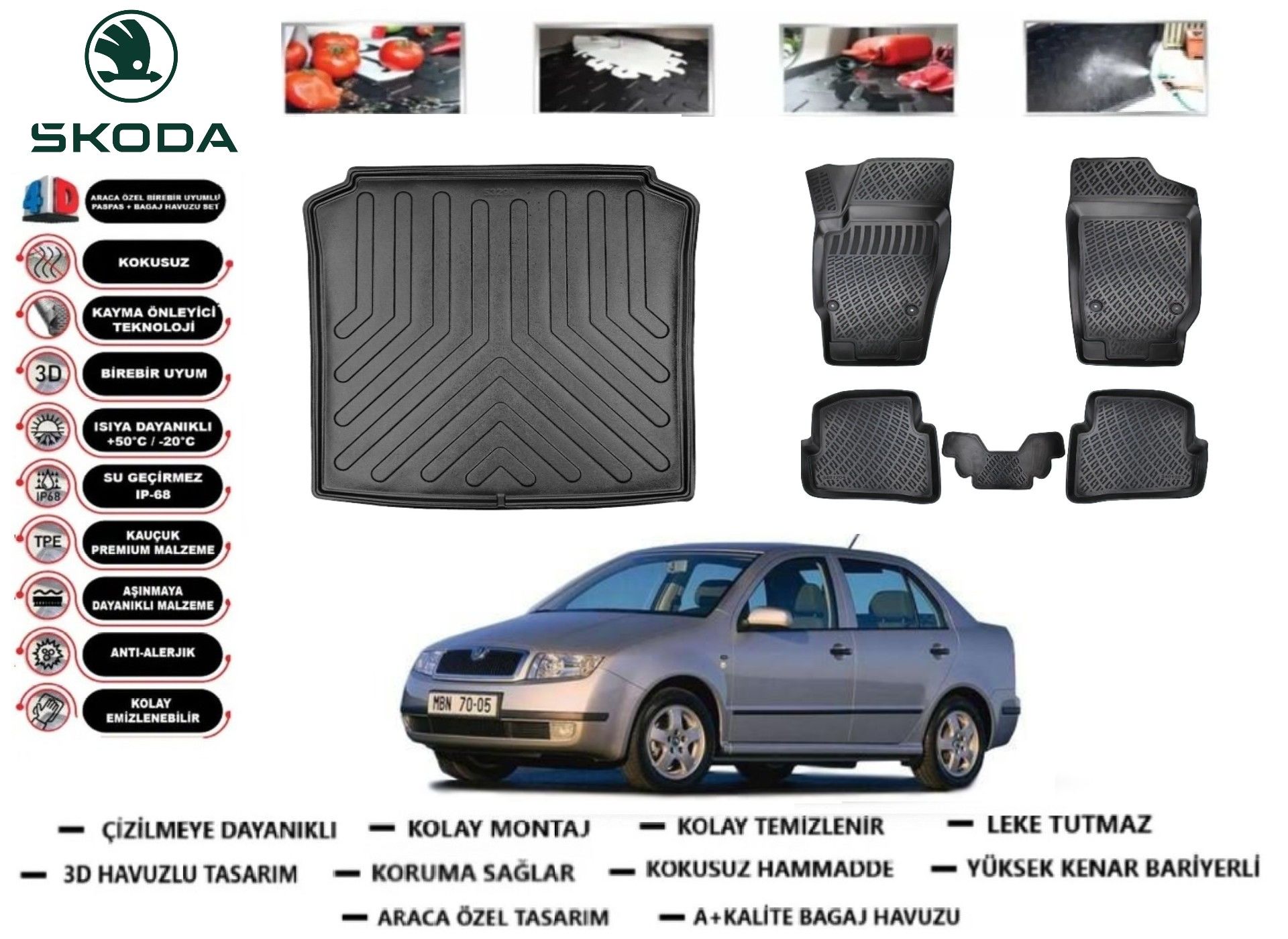 Skoda Fabia 1997-2007 Sedan 3D Bagaj Havuzu+3D Araca Özel Paspas Takımı