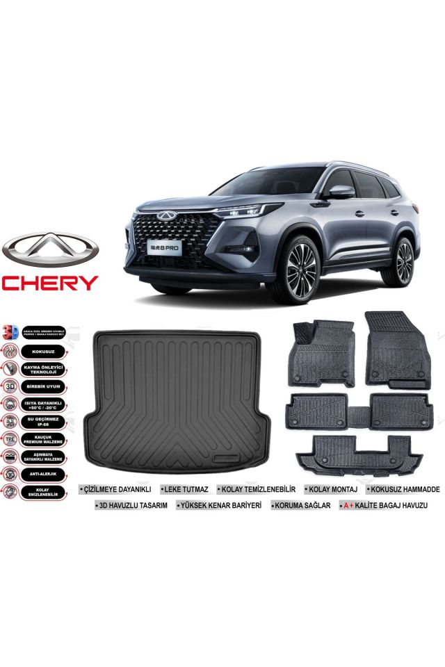 Chery Tiggo 8 7 Kişilik 2025 Model Bagaj Havuzu Araca Özel Siyah Havuzlu Paspas Takımı Sett