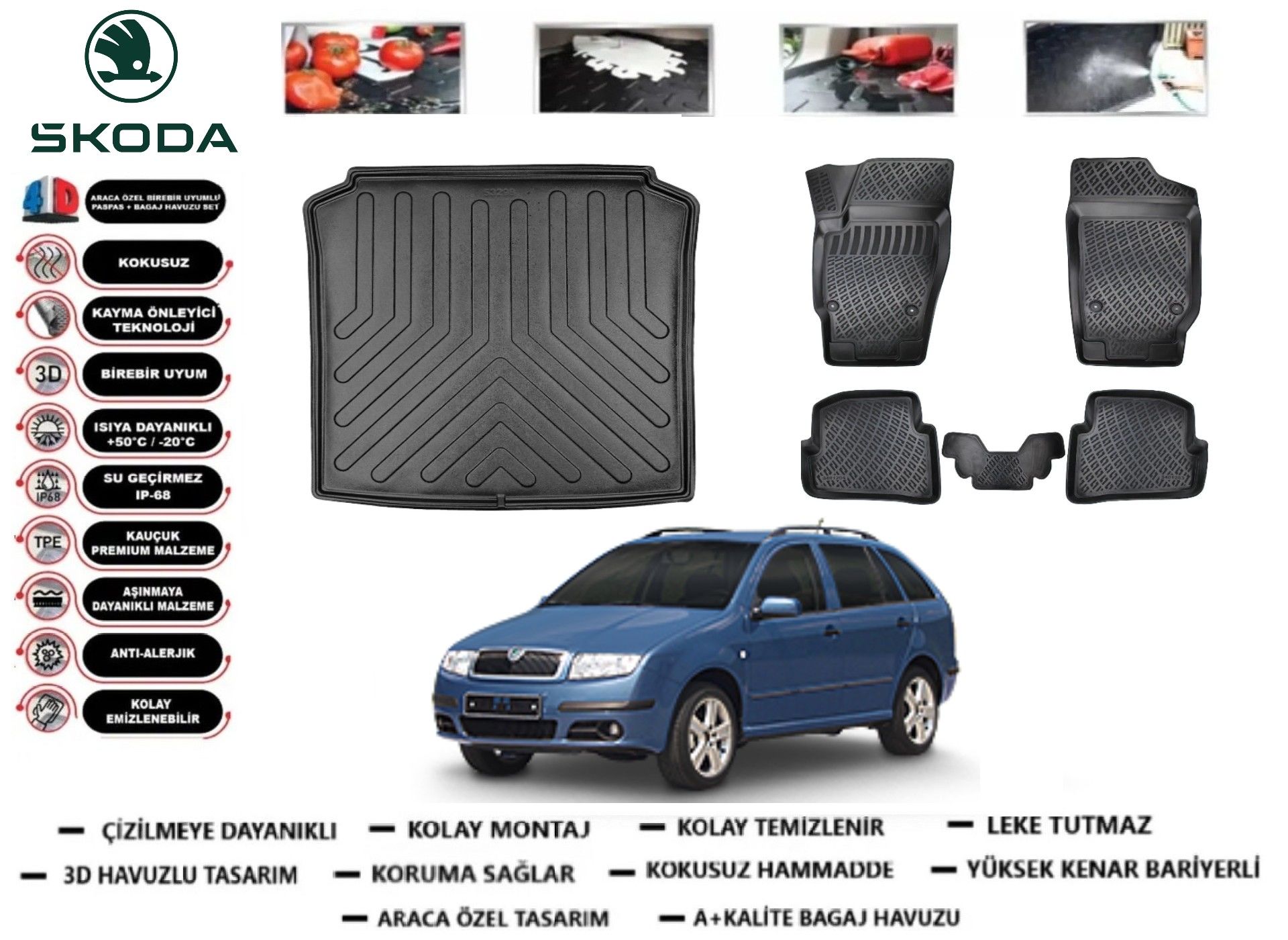 Skoda Fabia 1997-2007 Station Vagon 3D Bagaj Havuzu+3D Araca Özel Paspas Takımı