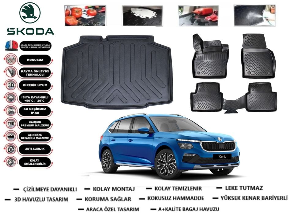 Skoda Kamiq 2019 Sonrası 3D Bagaj Havuzu+3D Araca Özel Paspas Takımı