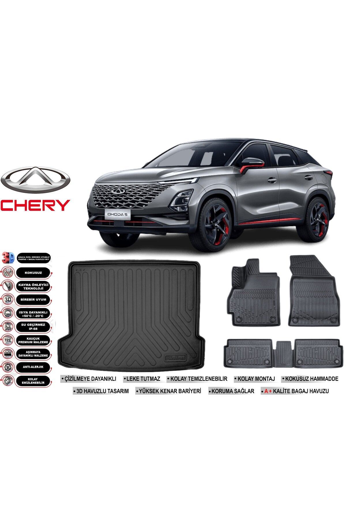 Chery Omoda 5 2024 Model Bagaj Havuzu Araca Özel Siyah Havuzlu Paspas Takımı Sett