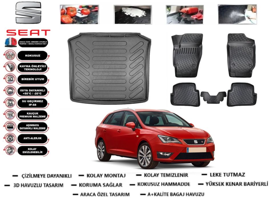 Seat İbiza Station Vagon 2008-2017 3D Bagaj Havuzu+3D Araca Özel Paspas Takımı