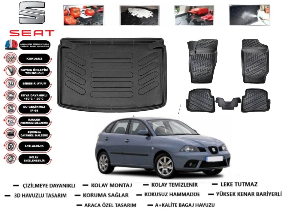Seat İbiza 2002-2008 3D Bagaj Havuzu+3D Araca Özel Paspas Takımı