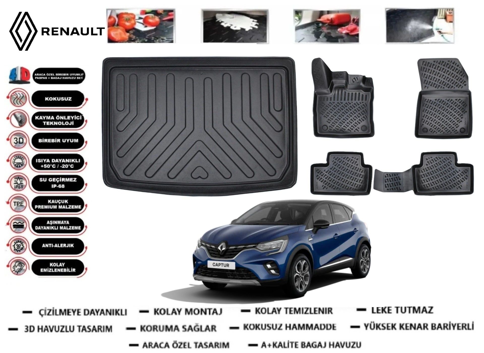 Renault Captur 2019 Sonrası 3D Alt Bagaj Havuzu+3D Araca Özel Paspas Takımı
